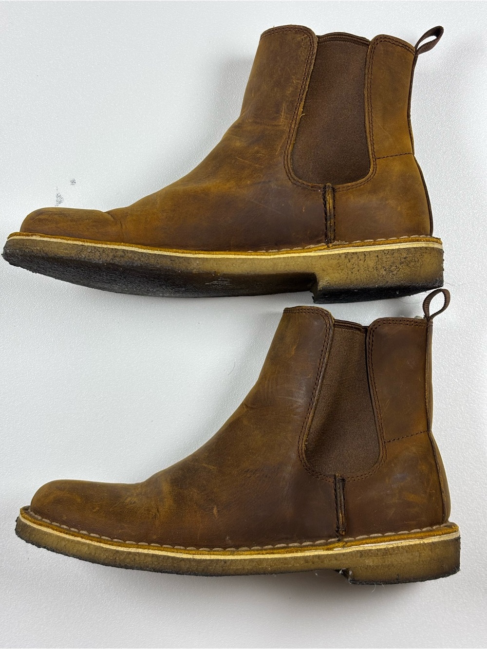 Clarks Brown Leather Chelsea Boots - Distressed Tan Upper - 8